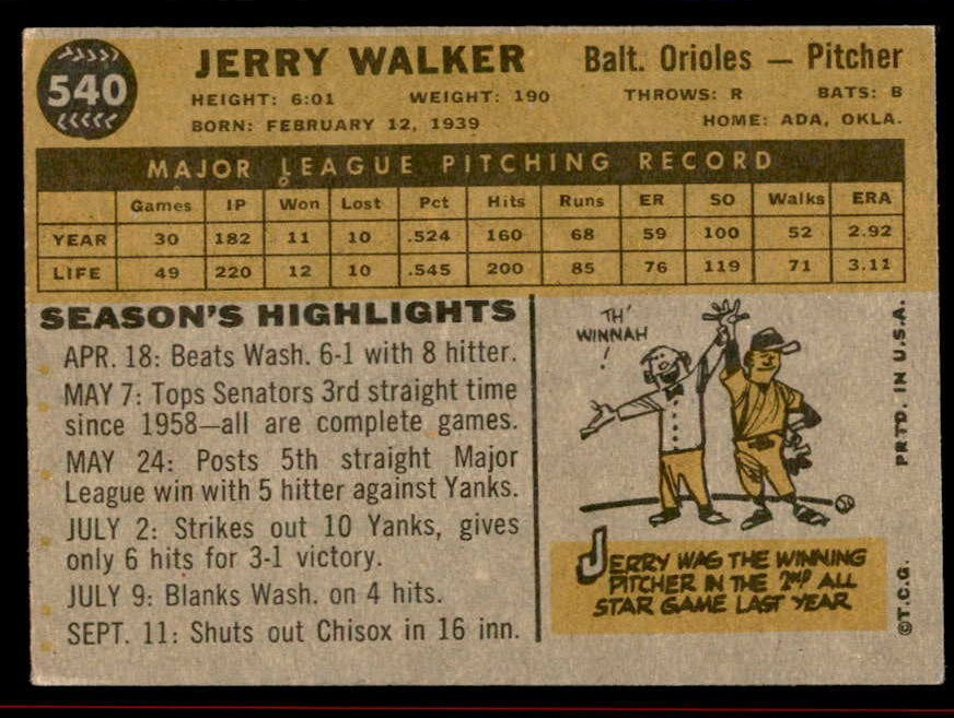 1960 Topps Baseball #540 Jerry Walker Orioles EX-MT 542709
