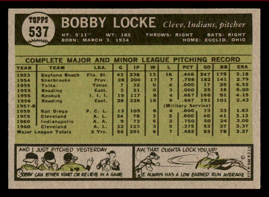 1961 Topps Baseball #537 Bobby Locke Indians NR-MT 542767
