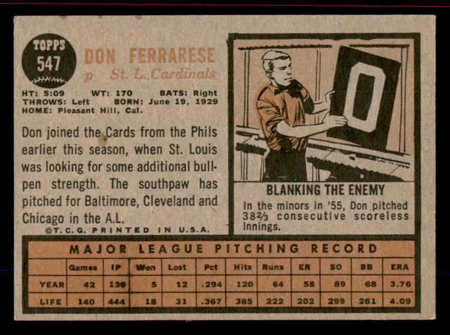 1962 Topps Baseball #547 Don Ferrarese Cardinals EX-MT 542822