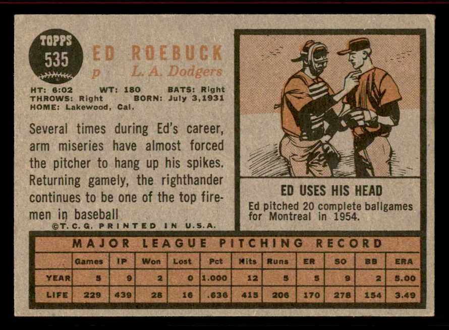 1962 Topps Baseball #535 Ed Roebuck Dodgers VG-EX 542849
