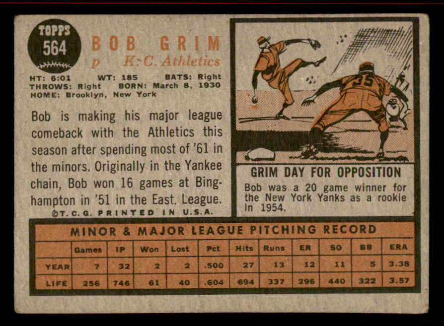 1962 Topps Baseball #564 Bob Grim A's VG-EX 542858