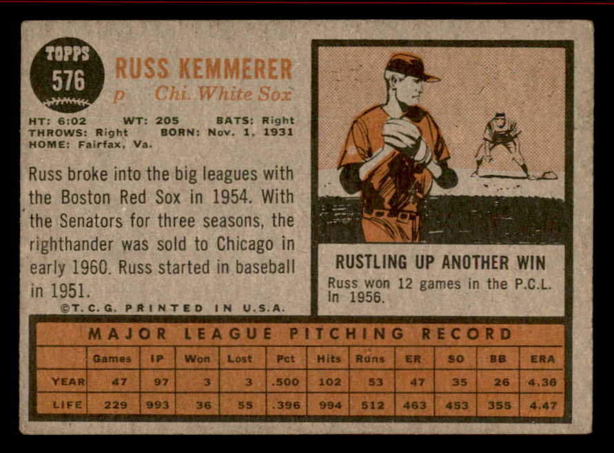1962 Topps Baseball #576 Russ Kemmerer White Sox VG-EX 542864