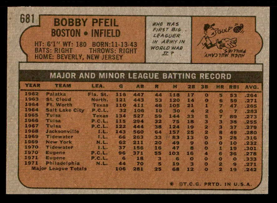1972 Topps Baseball #681 Bobby Pfeil Red Sox NR-MT 543095