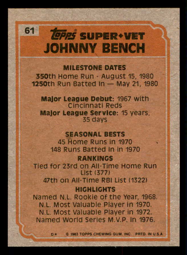 1983 Topps #061 Johnny Bench SV Reds EX-MT 543240