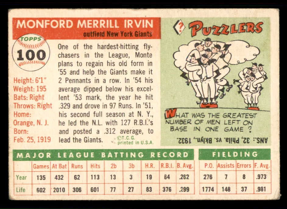 1955 Topps Baseball #100 Monte Irvin Giants VG 543248