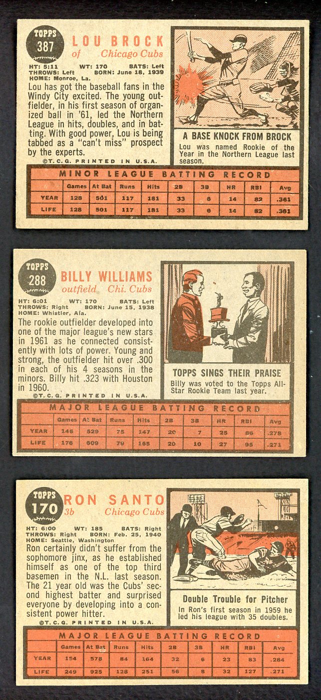 1962 Topps Lot #387 Lou Brock #288 Billy Williams #170 Ron Santo 543314