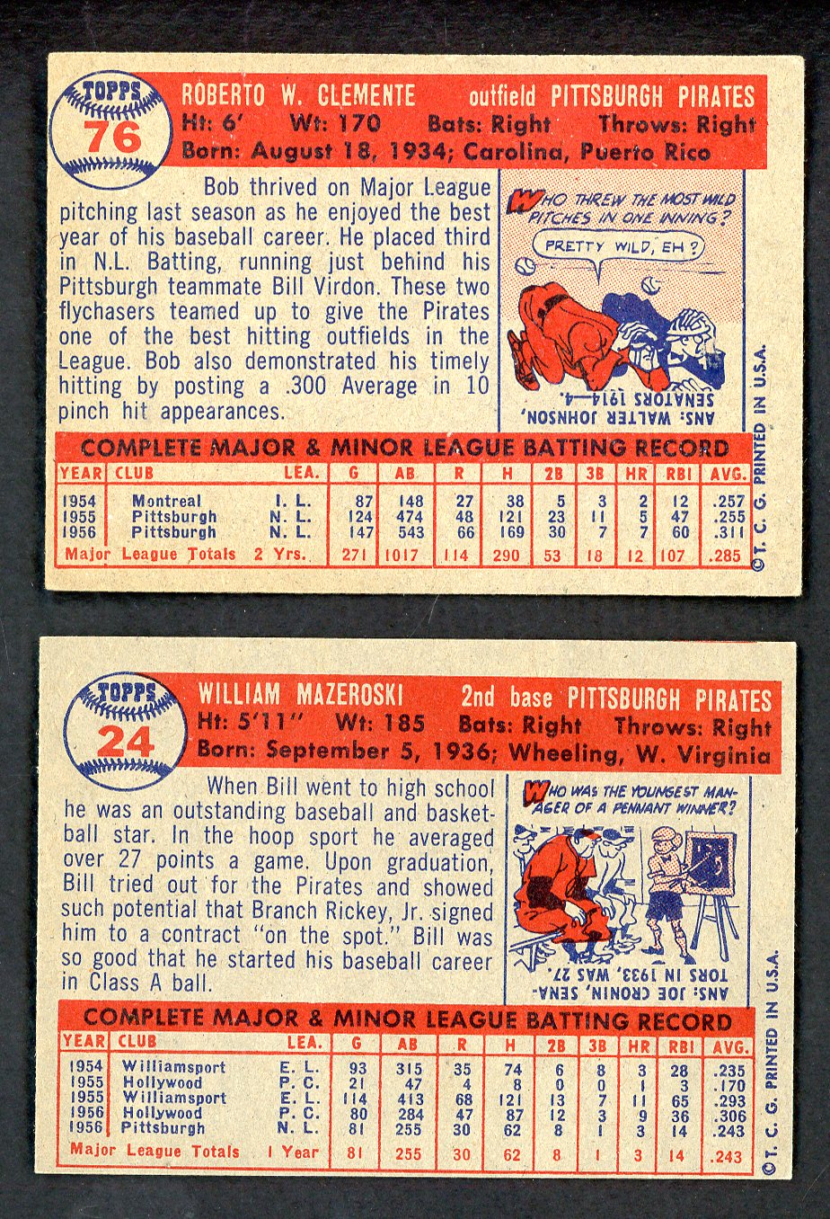 1957 Topps Lot #76 Roberto Clemente #24 Bill Mazeroski Mid Grade 543315