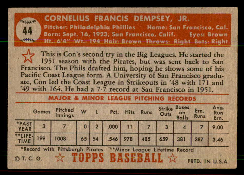 1952 Topps Baseball #044 Con Dempsey Phillies EX-MT Red 544133