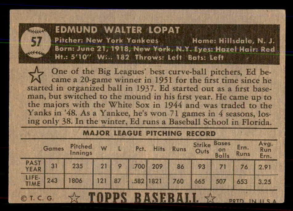 1952 Topps Baseball #057 Eddie Lopat Yankees VG-EX Black 544140