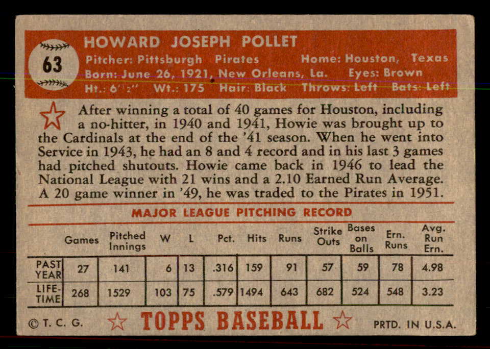 1952 Topps Baseball #063 Howie Pollet Pirates VG-EX Red 544144
