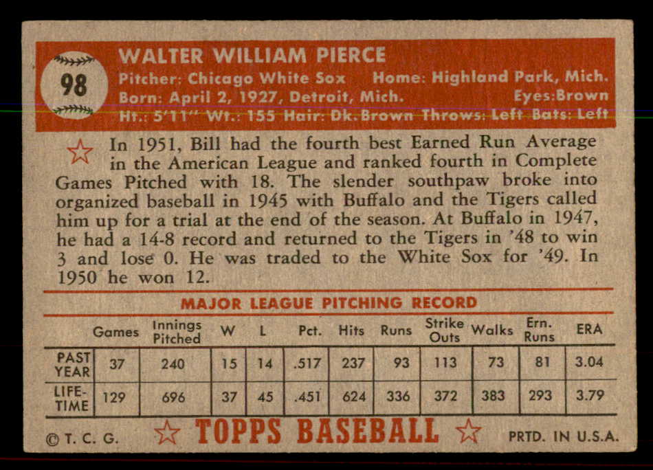 1952 Topps Baseball #098 Billy Pierce White Sox EX-MT 544173