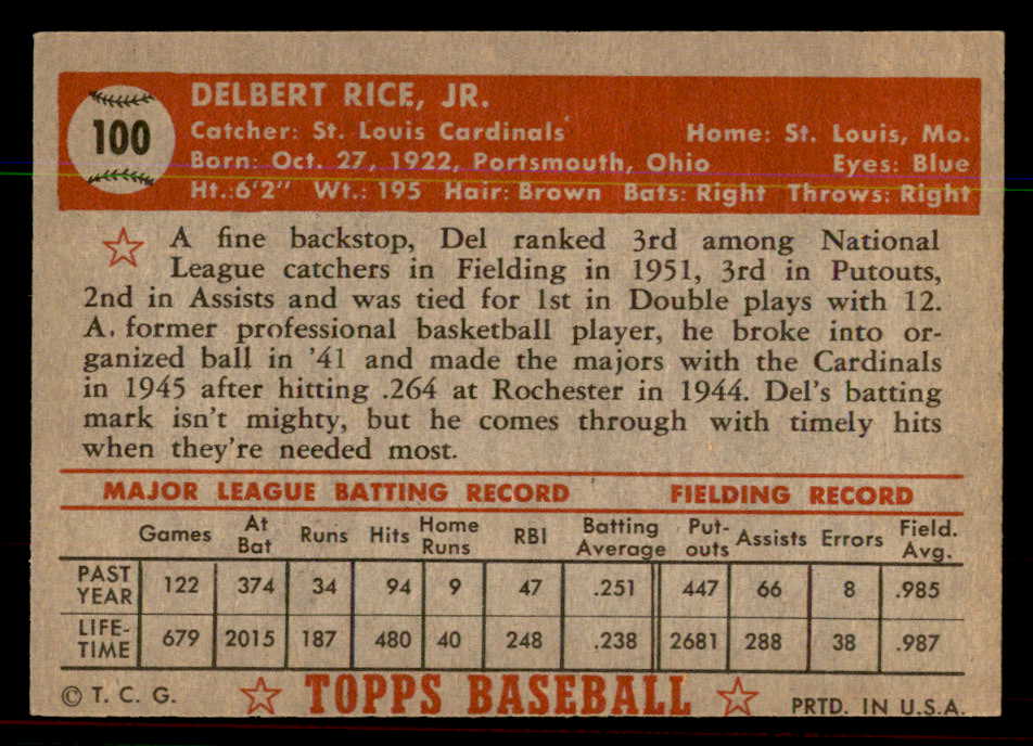 1952 Topps Baseball #100 Del Rice Cardinals EX-MT 544175