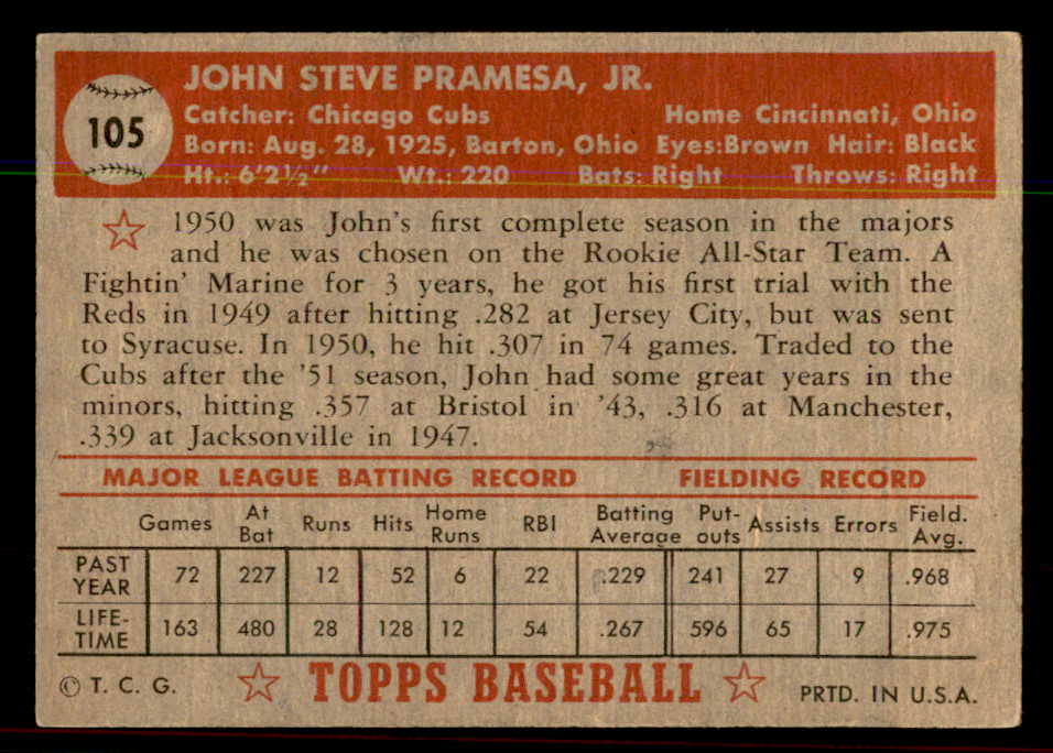 1952 Topps Baseball #105 John Pramesa Cubs EX-MT 544180