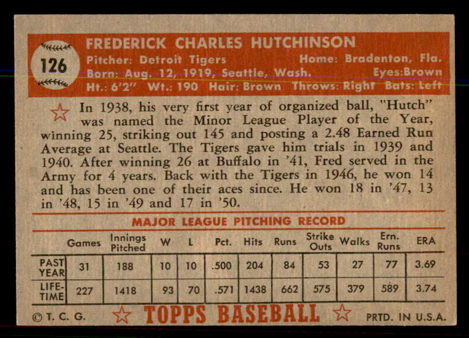 1952 Topps Baseball #126 Fred Hutchinson Tigers EX-MT 544201