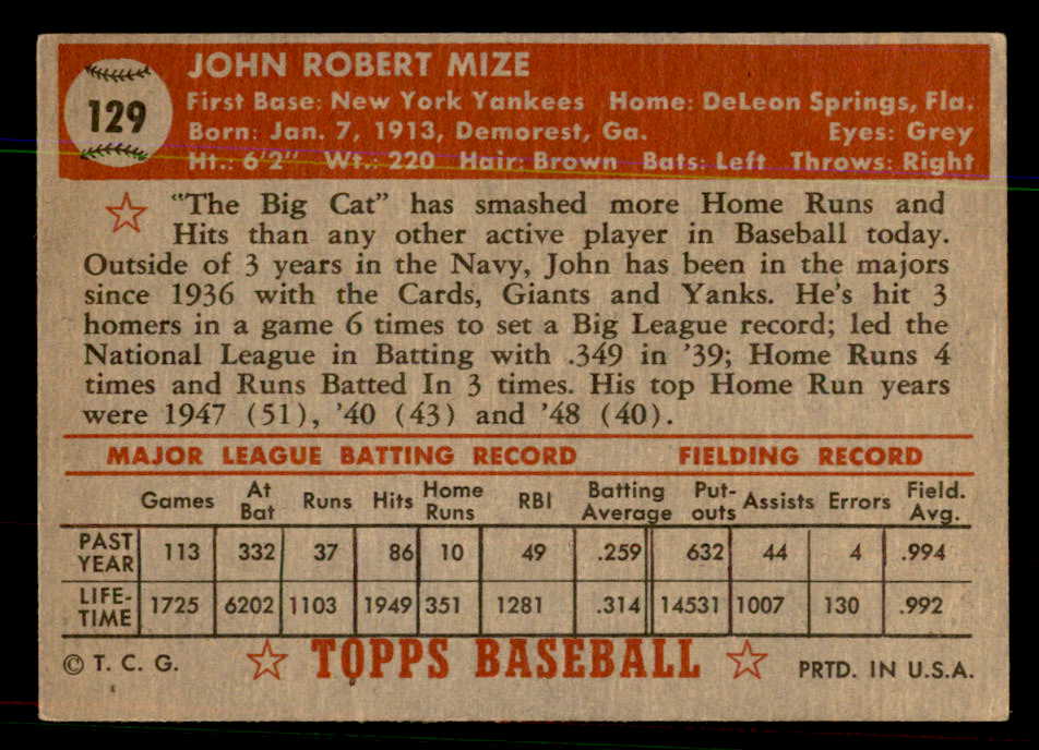 1952 Topps Baseball #129 Johnny Mize Yankees EX 544204