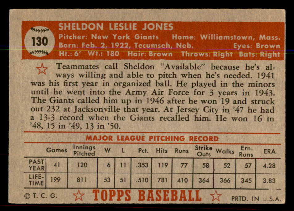 1952 Topps Baseball #130 Sheldon Jones Giants EX-MT 544205