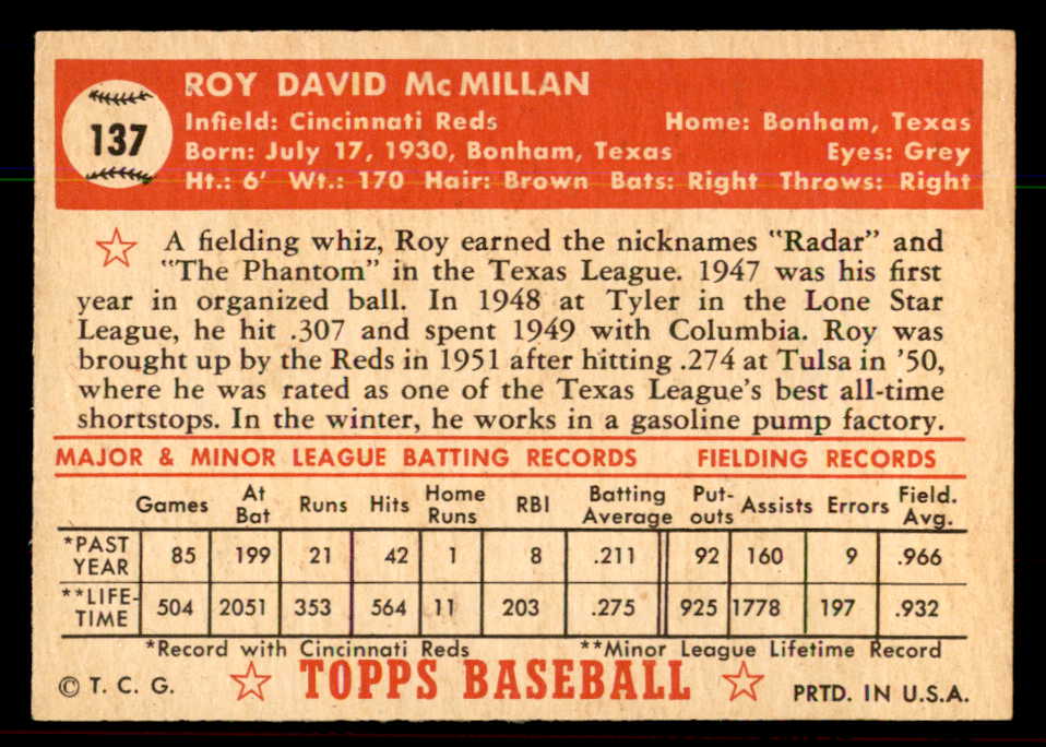 1952 Topps Baseball #137 Roy McMillan Reds EX-MT 544212