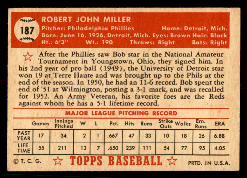 1952 Topps Baseball #187 Bob Miller Phillies EX-MT 544261
