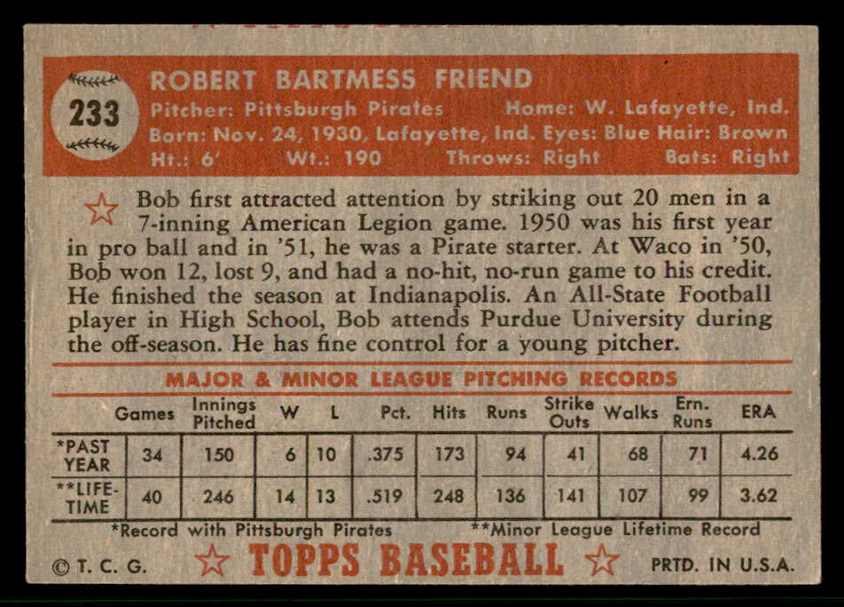 1952 Topps Baseball #233 Bob Friend Pirates EX-MT 544303