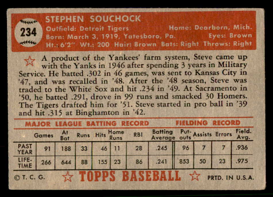 1952 Topps Baseball #234 Steve Souchock Tigers VG-EX 544304