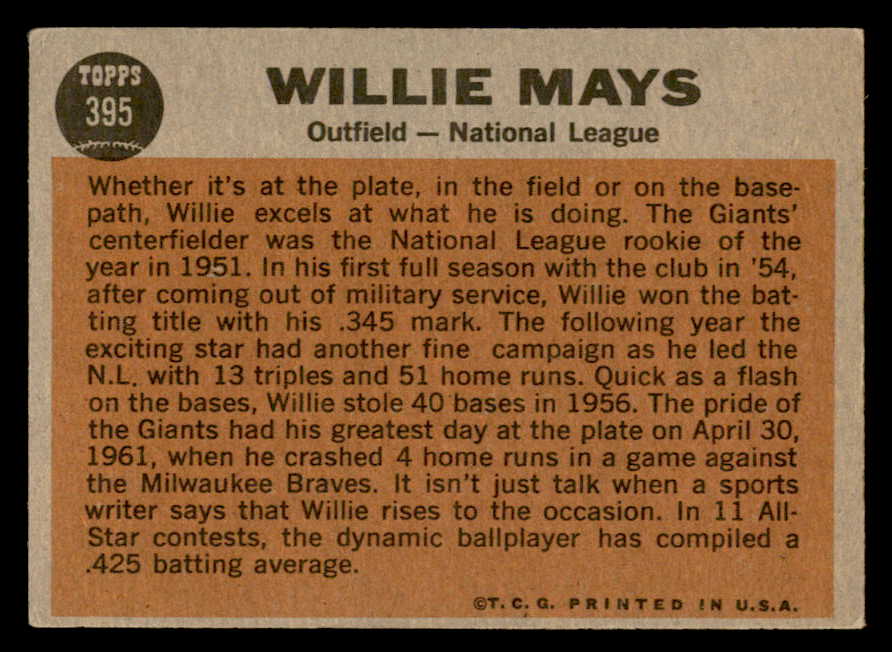 1962 Topps Baseball #395 Willie Mays A.S. Giants EX+/EX-MT 544579