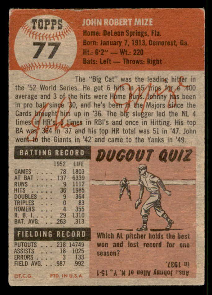 1953 Topps Baseball #077 Johnny Mize Yankees VG-EX 544682
