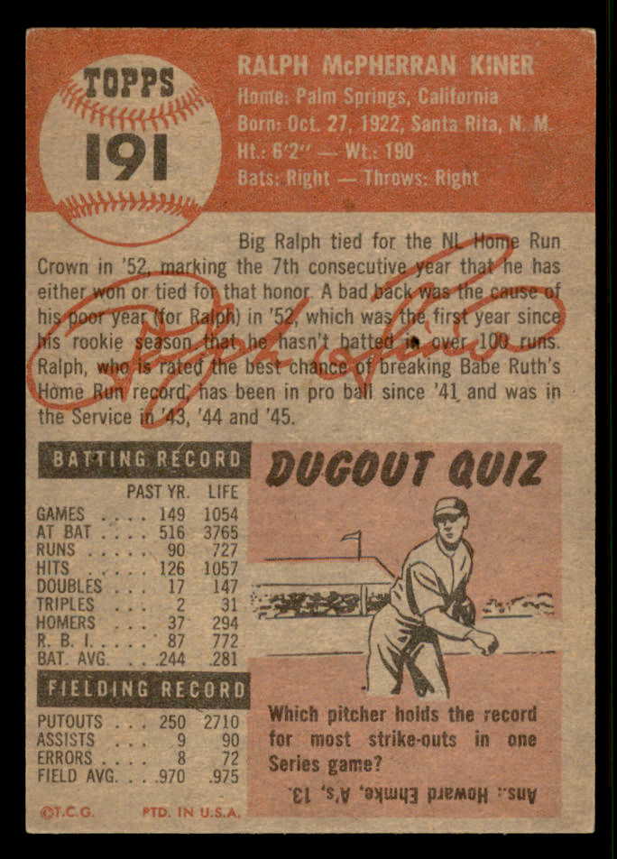 1953 Topps Baseball #191 Ralph Kiner Pirates EX 544684