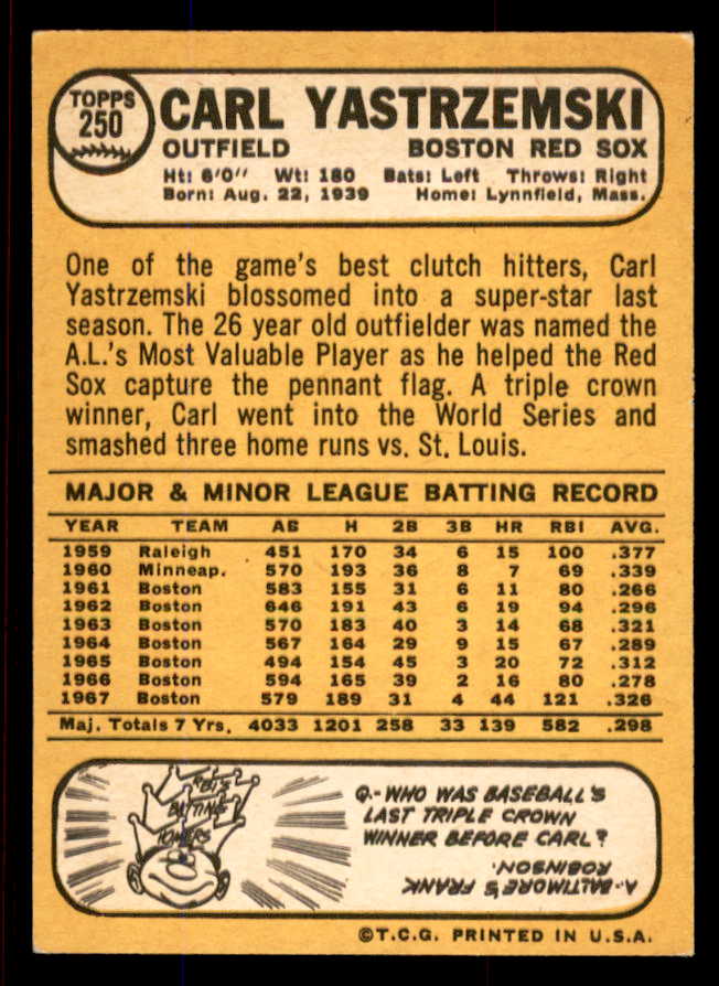 1968 Topps Baseball #250 Carl Yastrzemski Red Sox NR-MT 545347