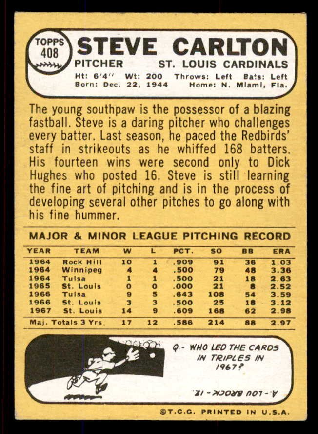 1968 Topps Baseball #408 Steve Carlton Cardinals NR-MT 545355