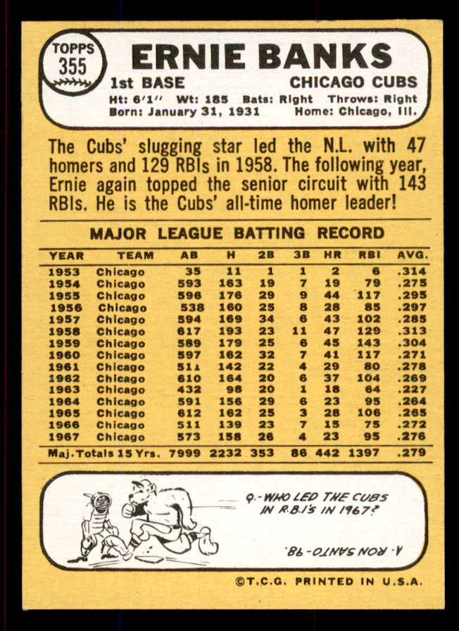 1968 Topps Baseball #355 Ernie Banks Cubs EX 545433