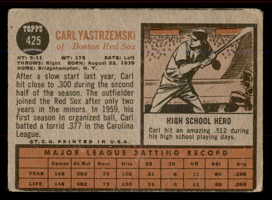 1962 Topps Baseball #425 Carl Yastrzemski Red Sox VG 545483