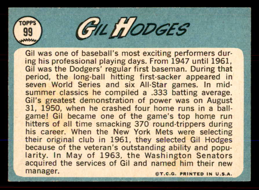 1965 Topps Baseball #099 Gil Hodges Senators NR-MT 545680