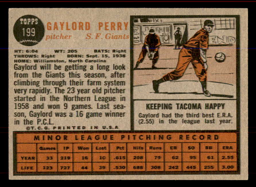 1962 Topps Baseball #199 Gaylord Perry Giants EX-MT 545713