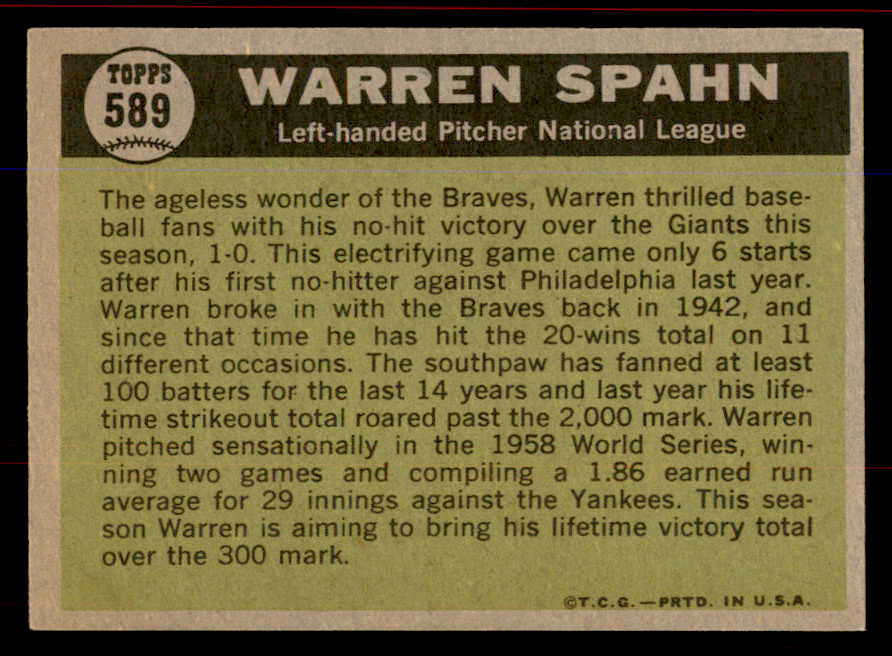 1961 Topps Baseball #589 Warren Spahn A.S. Braves NR-MT 545729