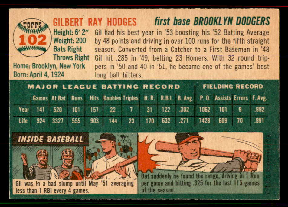 1954 Topps Baseball #102 Gil Hodges Dodgers EX-MT 545848