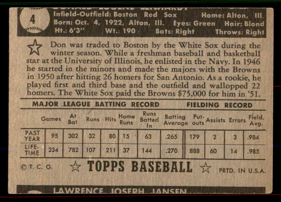1952 Topps Baseball #004 Don Lenhardt Red Sox VG Black 545859