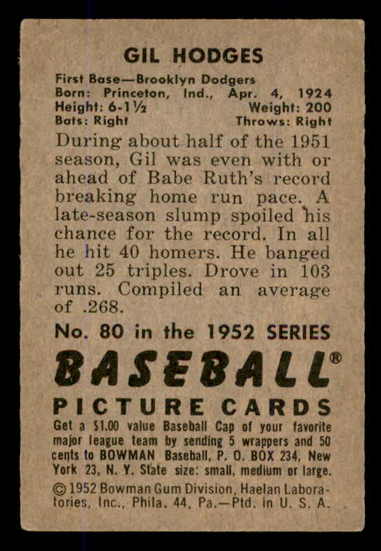 1952 Bowman Baseball #080 Gil Hodges Dodgers VG-EX 545907