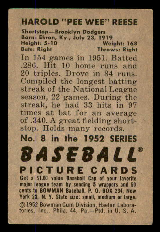 1952 Bowman Baseball #008 Pee Wee Reese Dodgers VG-EX/EX 545914
