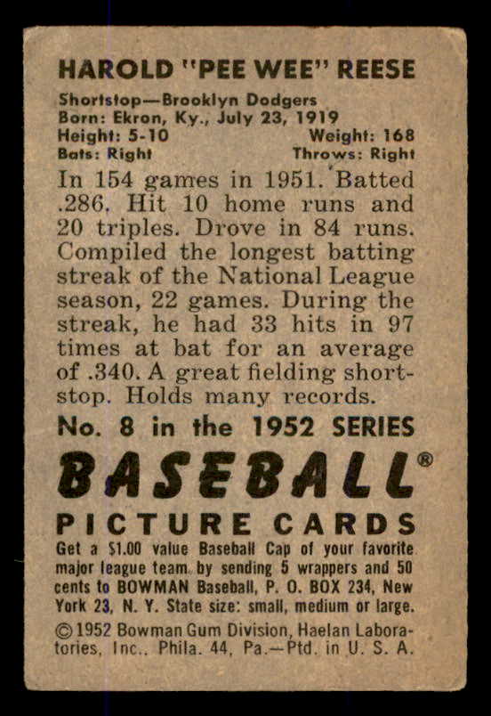 1952 Bowman Baseball #008 Pee Wee Reese Dodgers VG 545915