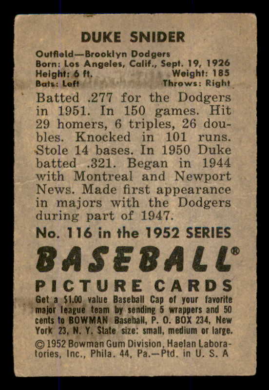 1952 Bowman Baseball #116 Duke Snider Dodgers VG 545924