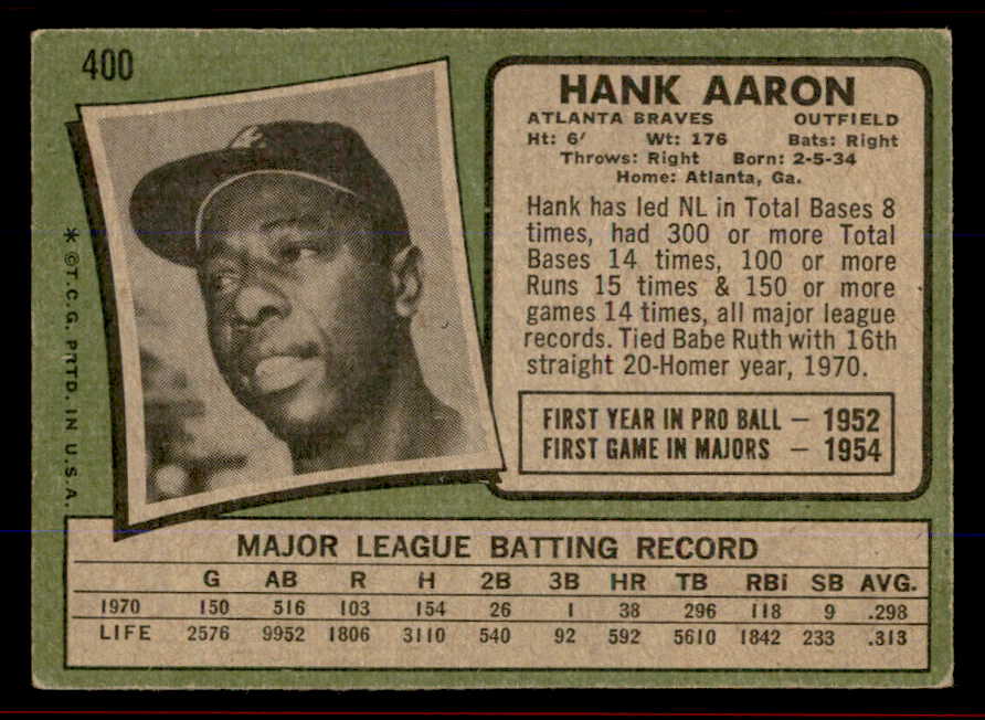 1971 Topps Baseball #400 Hank Aaron Braves EX-MT/NR-MT 545944
