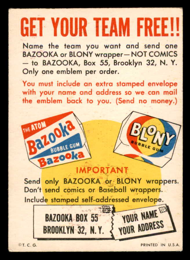 1958 Topps Baseball Felt Emblem Card VG-EX/EX 545981