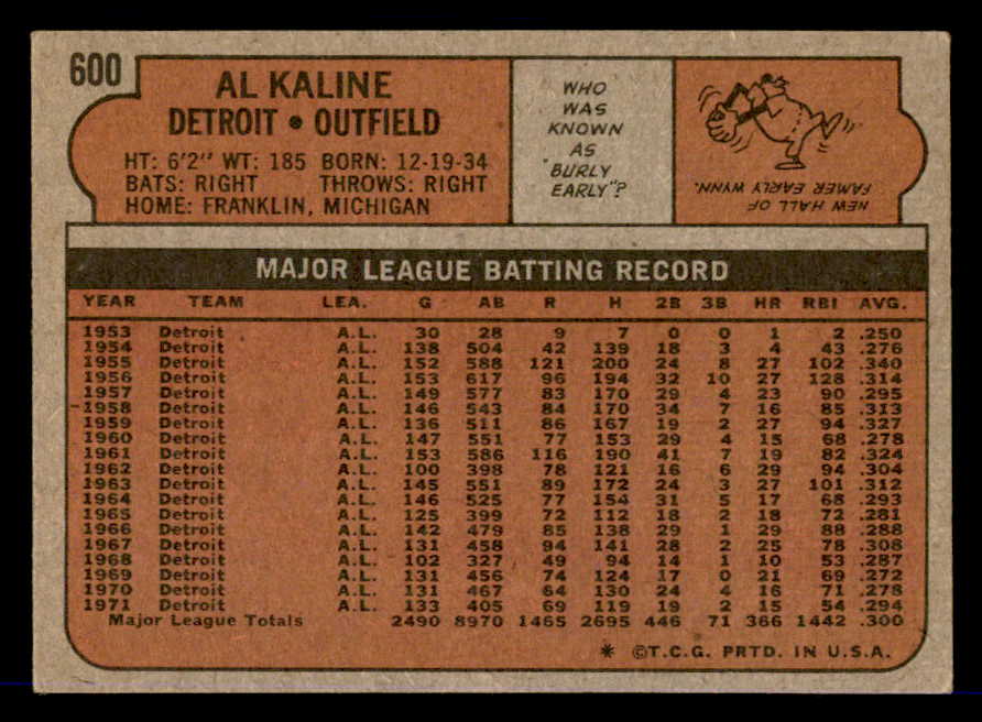 1972 Topps Baseball #600 Al Kaline Tigers VG-EX 546067