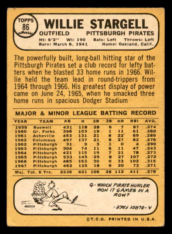 1968 Topps Baseball #086 Willie Stargell Pirates VG-EX 546126