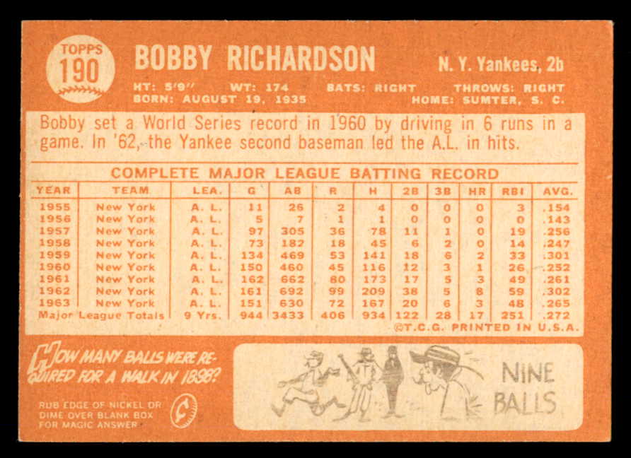 1964 Topps #190 Bobby Richardson Yankees Signed Autographed