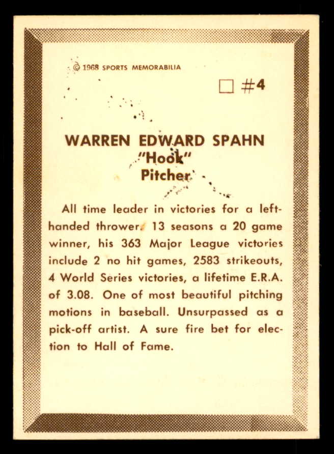 1968 Sports Memorabilia #004 Warren Spahn Signed Autographed