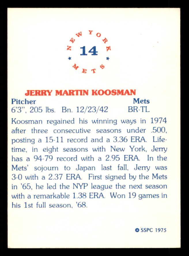 1975 SSPC #014 Jerry Koosman Mets Signed Autographed