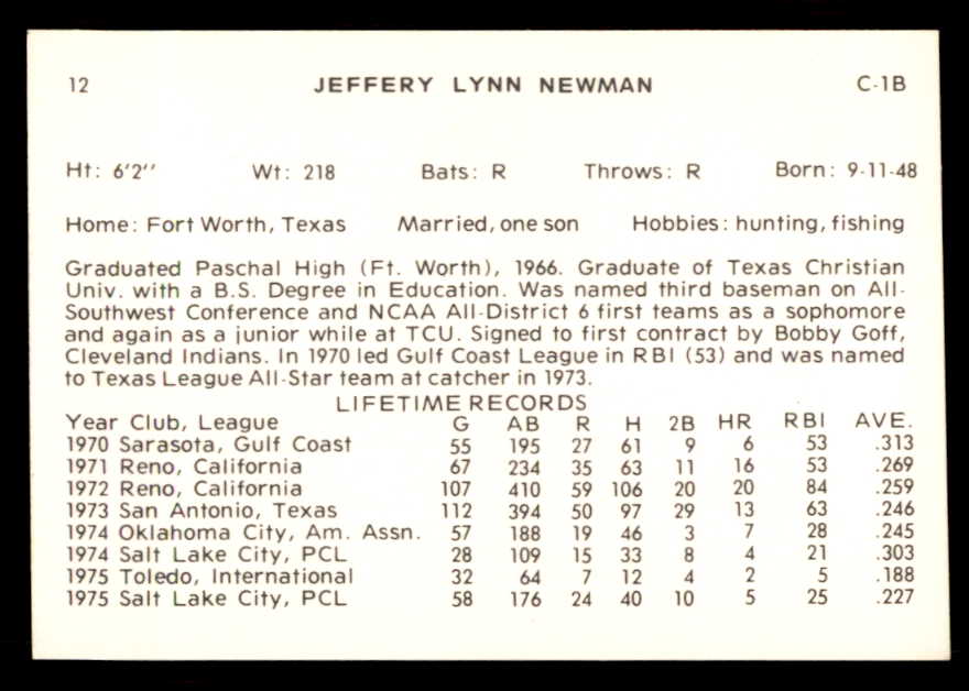 1976 Cramer #012 Jeff Newman Tucson Signed Autographed