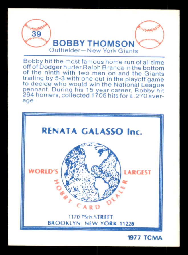 1977 TCMA #039 Bobby Thomson Giants Signed Autographed