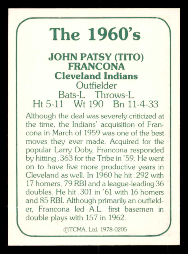 1978 TCMA #205 Tito Francona Indians Signed Autographed